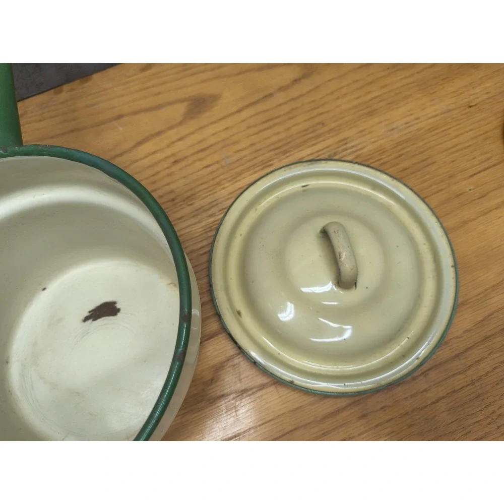 Vintage Enamelware Double‎ Boiler Cream Green Trim Circa 1930's - 40's Lid 3 Pcs